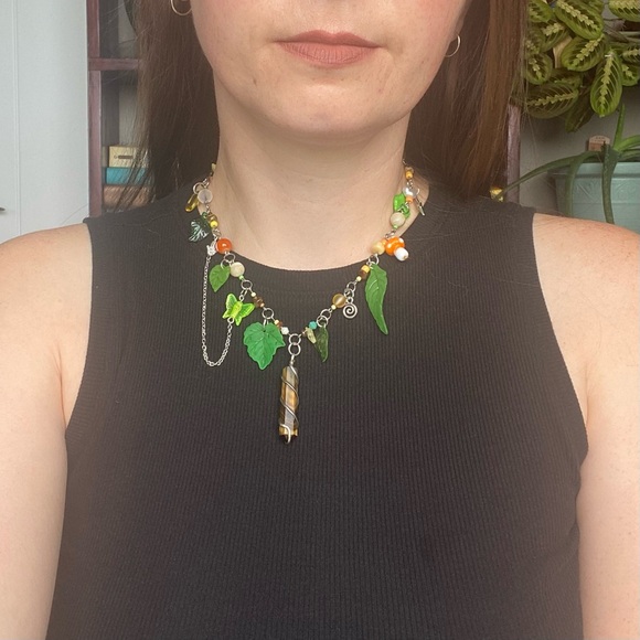 Greenwood Fairy Beaded Charm Pendant Necklace Leaves Tiger’s Eye Butterfly Chain - Picture 5 of 8